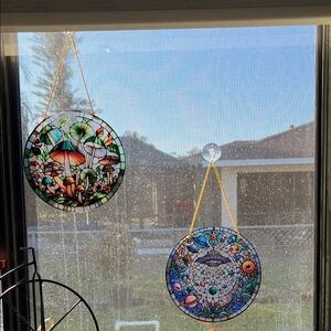 Plastic. Unbreakable Suncatcher with Mushrooms and Space . Design